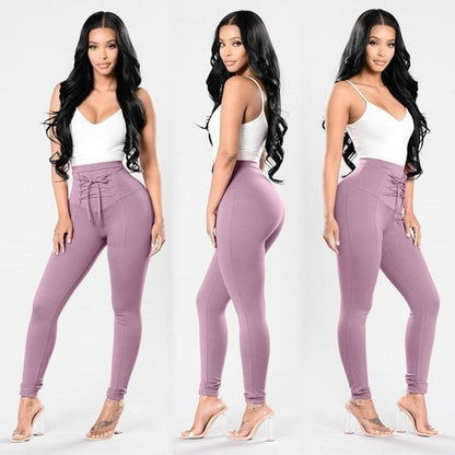 Women'S plus Size Pure Color Cotton Trousers Lace-Up Pencil Pants