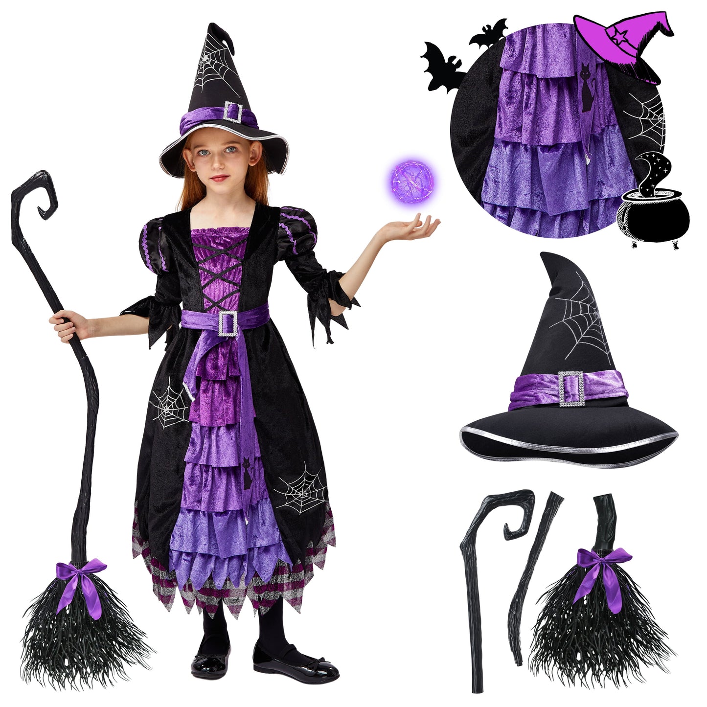 Witch Costume Set for Girls, Halloween Fancy-Dress with Broom Hat for Toddler Kids Halloween Party Dress up 3-14 Years