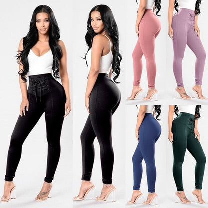 Women'S plus Size Pure Color Cotton Trousers Lace-Up Pencil Pants